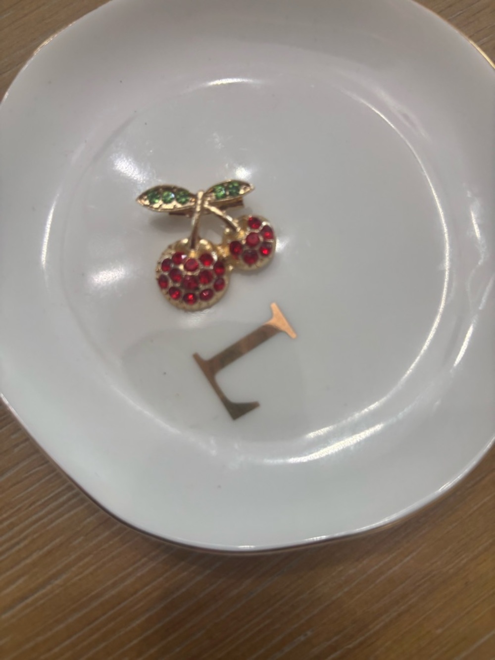 Cherry Rhinestone brooch - Red and Green Gold Tone